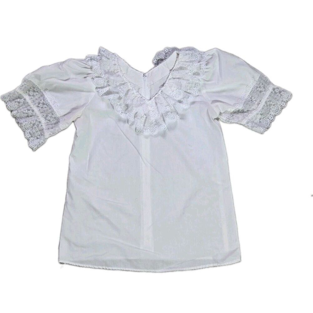 VTG Malco Modes Partners Please White Lace Ruffle Blouse Cottagecore Womens S